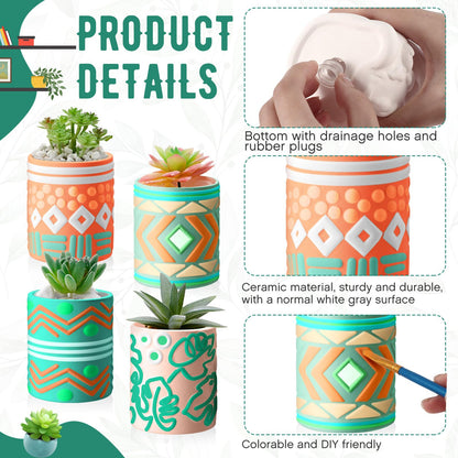 SiliFine Set of 11 Paint Your Own Kit DIY Flower Pot Painting Includes 8 Pcs Unpainted Ceramic Succulent Planters 2 Pcs Color Paints 1 Set Paint Brushes for Classroom Craft Activity (Bohemian)