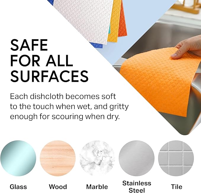 Swedish Wholesale Dishcloths Reusable 8" x 7" Sponge Cloths, Bulk 10 Pack of