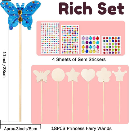 Pllieay Princess Fairy Wands Kit for Birthday Party Favors Decorations, Include 18 Pieces 6 Styles Unfinished Wooden Princess Wand and 4 Gem Stickers Princess Art Magical Show for Party Supplies