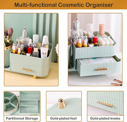 Rotating Makeup Organizer for Vanity with Brush Holder and Drawer, Cosmetic Makeup Storage, Large Spinning Makeup Skincare Organizer, Countertop Makeup Perfume Organizer, Lotions Display Case (Green)