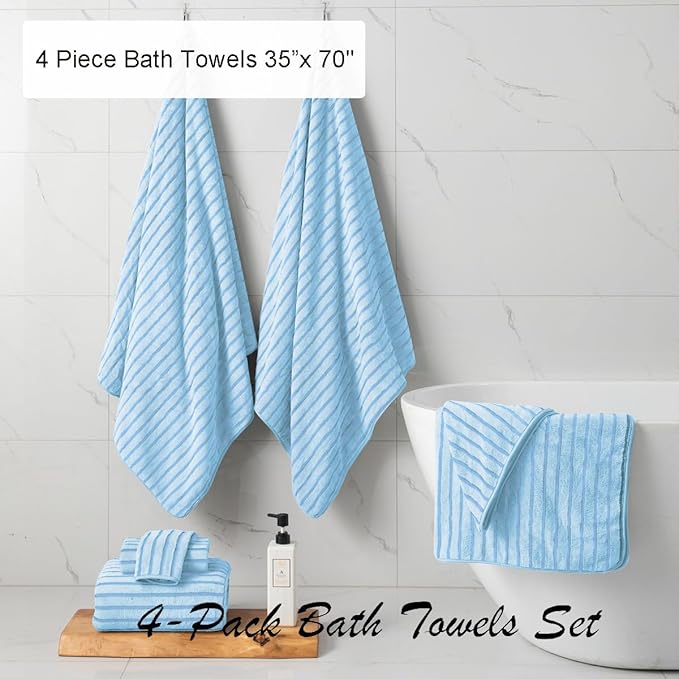 4 Piece Blue Cabana Stripe Large Bath Towels 35"x70" Oversized Bath Sheet Super
