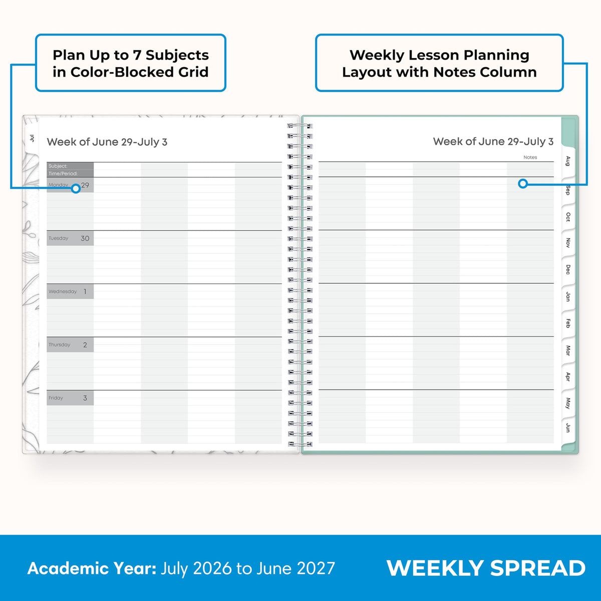 Blue Sky 2026-2027 Weekly and Monthly Academic Year Teacher Lesson Planner Calendar, July 2026 - June 2027, 8.5" x 11", Flexible Cover, Wirebound, Laminated Tabs, Storage Pocket, Prairie Aqua