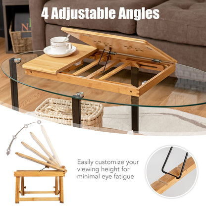 ReunionG Bamboo Laptop Desk with Drawer, Height Adjustable and 4-Level Tilting Desktop, Foldable and Portable Lap Tray with Heat-Dissipation Holes, Tray Table Stand for Surfing Reading Writing Eating