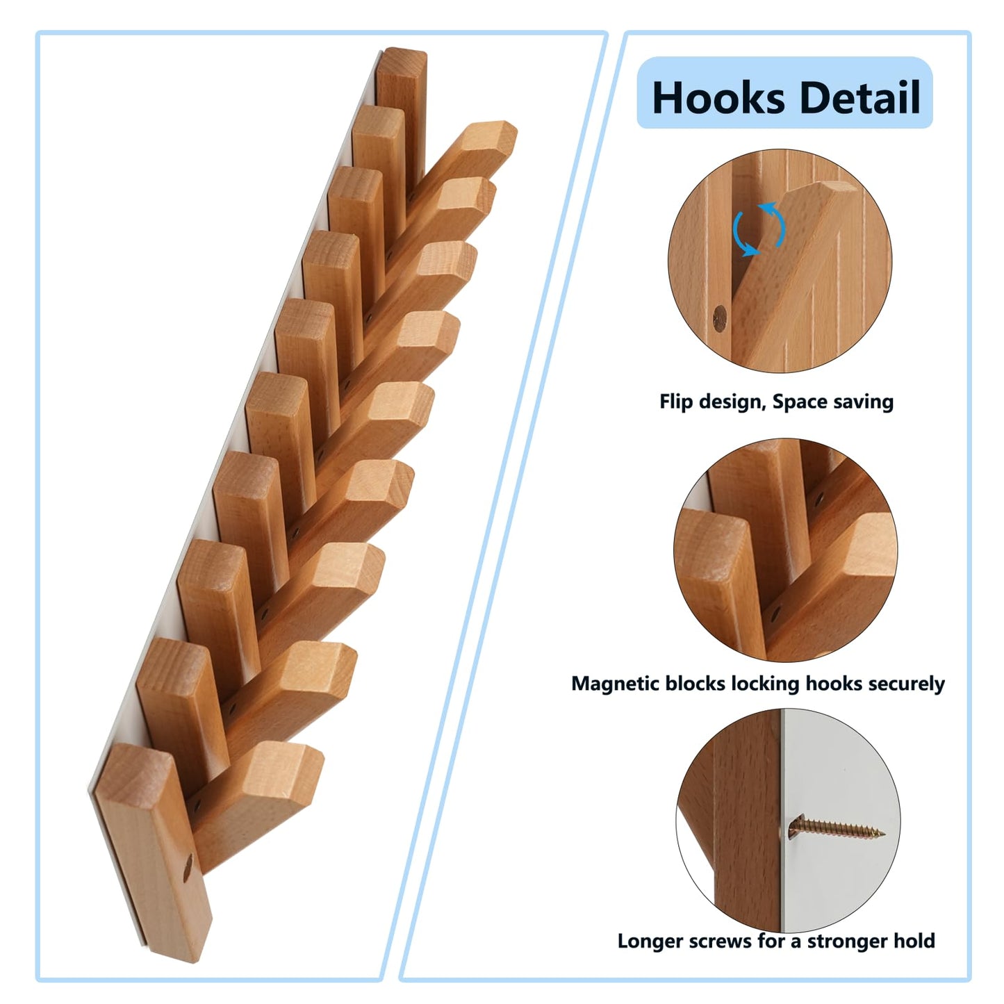 DsoneJagr Wall Mounted Coat Rack with 9 Retractable Hooks, Wooden Modern Space-Saving Piano Hanger for Jackets, Towels, Bags and Leashes in 15 inch