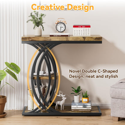 FJLHOHG C Shaped End Table, Bed Side Table, 3-Tier Side Table with Metal Frame, Wood End Table with Storage for Living Room, Couch, Sofa, Bedroom, Easy Assembly, 23.6" D*11.8" W*23.6" H, Rustic Brown