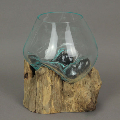 Handcrafted Melted Glass and Teak Driftwood Centerpiece Bowl/Sculpture- Unique 7-Inch Earthy Artistry for Succulents, Terrariums, and Decorative Displays