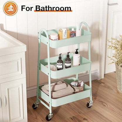NEWBULIG 3-Tier Metal Rolling Cart with Lockable Wheels, Heavy Duty Mobile Utility Storage Shelf, Roller Book Snack Cart, Organization for Livingroom, Bathroom, Office, Green