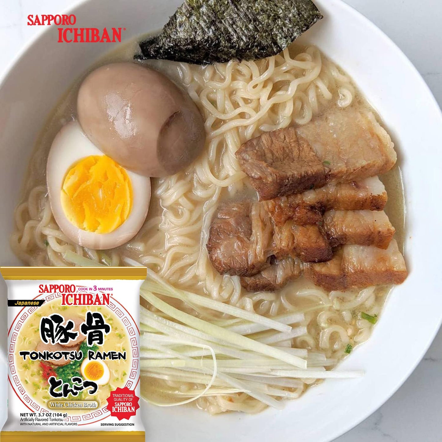 [SAPPORO ICHIBAN] Ramen Noodles, Tonkotsu Flavor, No. 1 Tasting Japanese Instant Noodles 3.5 Oz. (3.7 Ounce (Pack of 24))