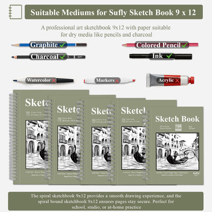 9 x 12 Sketchbook, 68lb/100gsm Sketch Pad 100 Sheets Spiral Bound Acid Free Drawing Paper with Hard Cover Art Paper for Drawing and Painting for Graphite Pencil, Charcoal, Pastels, for Kids & Adults