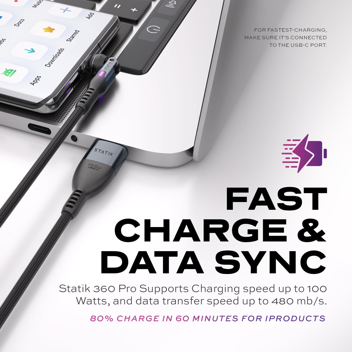Statik 360 Pro Magnetic Charging Cable - Type C Charger Fast Charging 3 in 1 USB C to USB C Cable, Micro USB & iProduct Tips, USB A Adapter, Fits All Devices - 100W Fast Charger, Black 10FT/3M