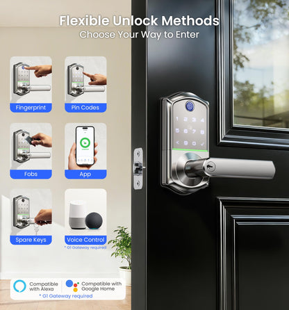 Veise VE019 Fingerprint Smart Lever Lock, App Control, Keyless Entry Door Lock with Handle, Touchscreen Keypad Knob for Front Door and Bedroom, Remote Access Sharing, IP55 Waterproof, Satin Nickel
