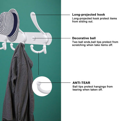 PHINGEER Coat Rack Wall Mount, Heavy Duty with 5 Tri Wall Hooks, Stainless Steel Hooks for Hanging Jackets, Hangers, Hats, Bags, Towels, Purse (White, 2Packs)