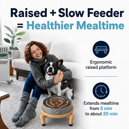 Slow Feeder Dog Bowls – Elevated Dog Bowl Slow Feeder with Bamboo Stand– Microwaveable Dog Slow Feeder for Small and Medium Dogs – Lead and BPA-Free Ceramic Pet Bowl – Pet Feeder for Fast Eaters