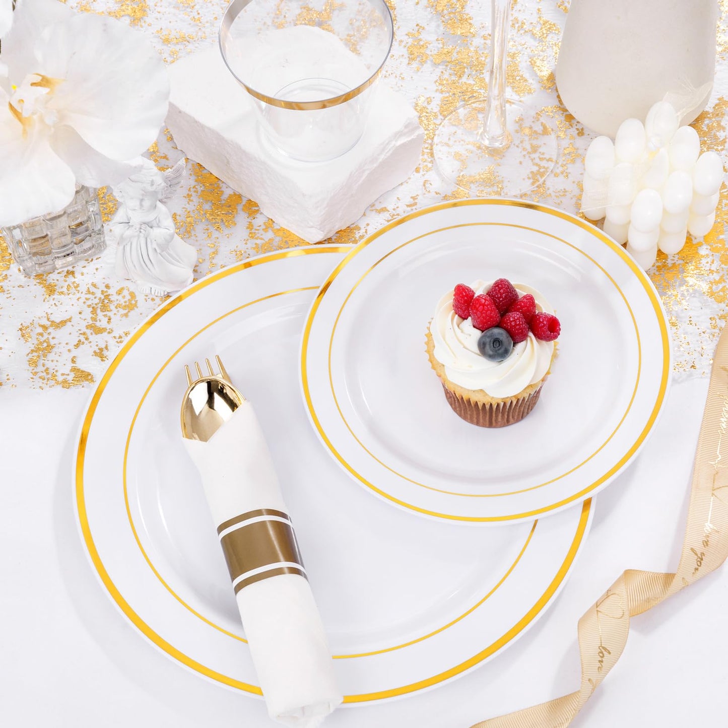 WELLIFE 350-Piece Gold Disposable Plates and Cutlery Set - Premium 10.25" Dinner Plates, 7.5" Dessert Plates, 9oz Cups & Cutlery for Weddings, Catering Events - 50 Guest Service - Elegant & Sturdy