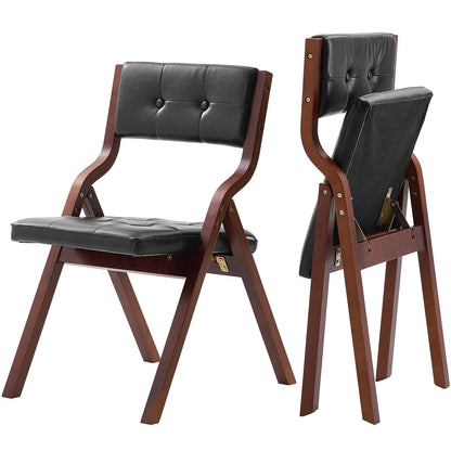 VEVOR Wooden Folding Chairs with Leather Cushion, Set of 2, Portable Foldable Cushion Chair with Wooden Frame, Easy Assembly, Modern Leather Padded Dining Chair for Office, Wedding, Party, Home, Black
