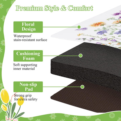 SHACOS Spring Kitchen Rugs Set of 2 Anti-Fatigue Kitchen Mats Floral Rugs White Cushioned Mats with Colorful Flowers Butterfly 17x27.5+17x47, Spring Flowers