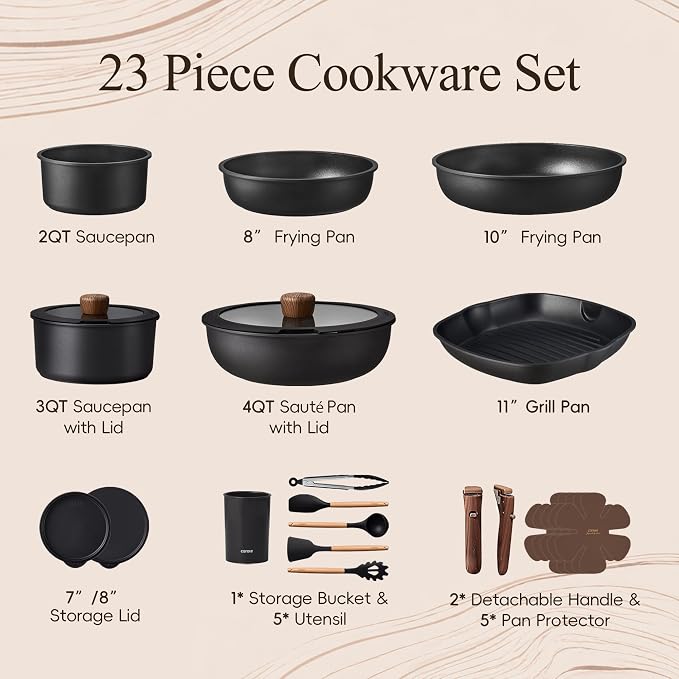 CAROTE 23pcs Pots and Pans Set Non Stick with Detachable Handle, Nonstick Cookware Sets, Kitchen Cooking Set - Camping Cookware, Oven/Dishwasher Safe, Induction Compatible