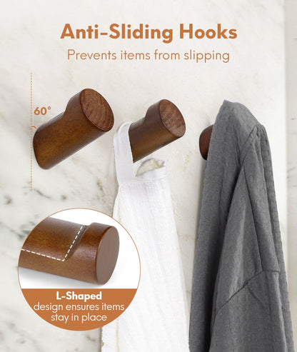 Optish Wood Wall Hooks for Hanging, 6 Pack Hat Hook for Walls, Coat Hook Wall Mount, Backpack Hooks for Walls, Bathroom Towel Hanger (Walnut)