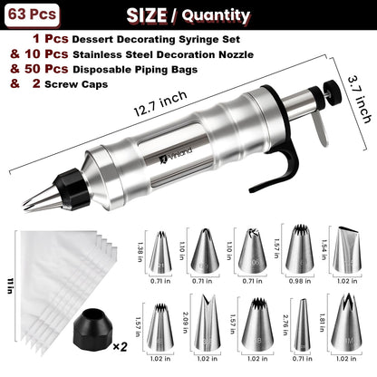 Dessert Decorating Syringe Set Icing Piping Kit Frosting Piping Kit Stainless Steels Cake Decorating Kit with 10 food grade stainless steel piping tips & 50 Disposable Piping Bags Black
