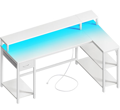 SUPERJARE 53 inch Reversible L Shaped Desk with LED Lights & Power Outlets, Computer Desk with Shelves & Monitor Stand, Gaming Desk with Drawer, Home Office Desk Corner Desk, PU White Drawer