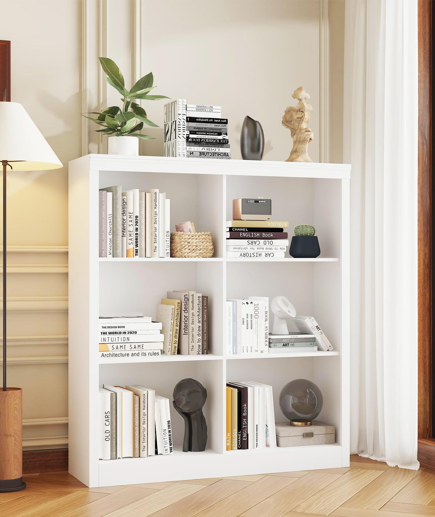 6-Cube Storage Organizer Bookshelf, Farmhouse Wooden Bookcase with Open Shelves, Horizontal Standing Display Cabinet for Home Office, Living Room and Bedroom