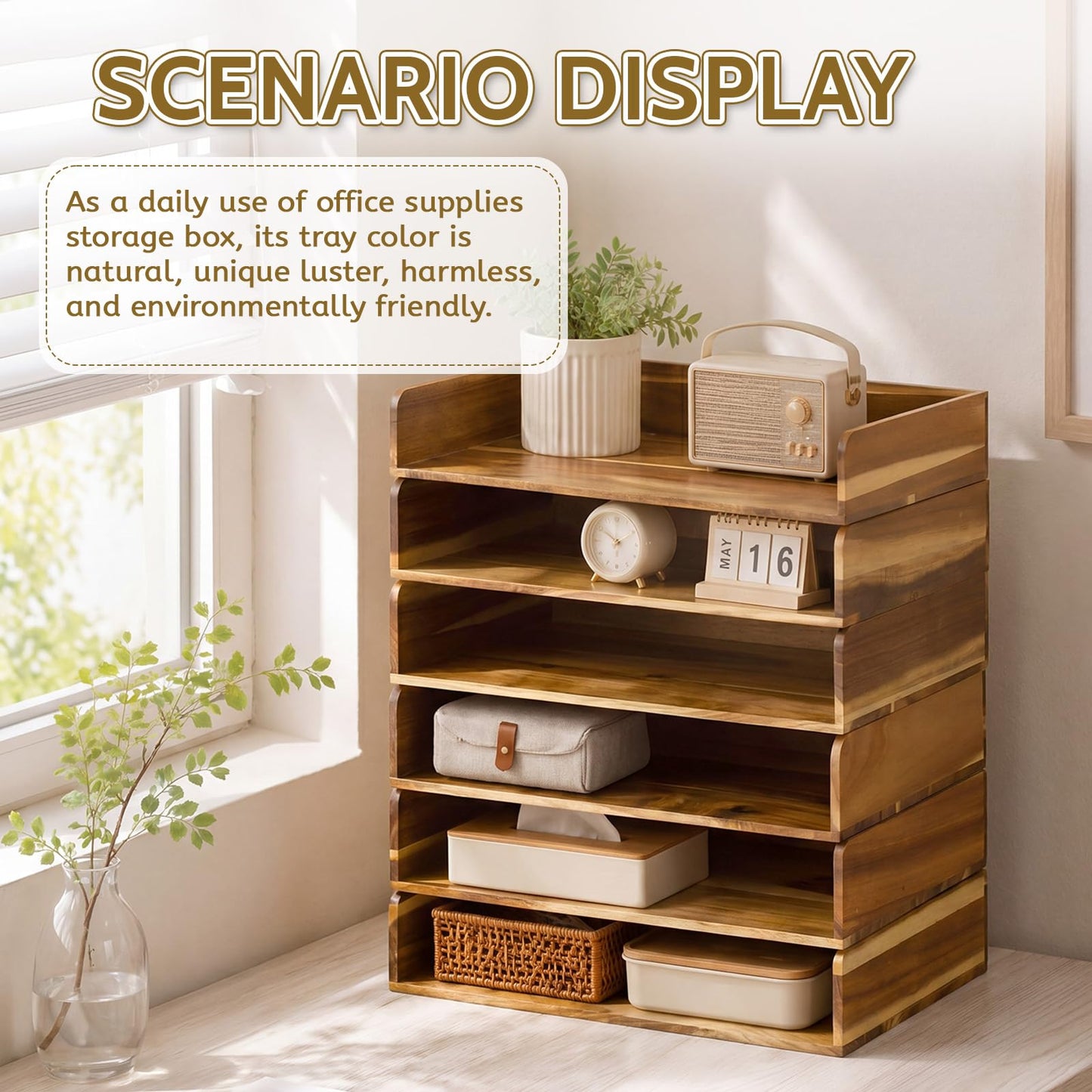 Novabright 6 Pcs Stackable Paper Organizer Tray Acacia Wood Desk Organizer Letter Tray Desktop Letter Size Office Wooden Desk Shelf Paper Holder Folder Organization Rack for File Document (Acacia)