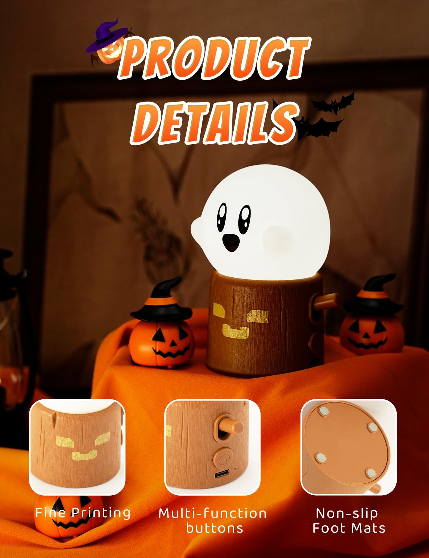 Cute Ghost Campfire Lamp, Halloween Decor,Kids Night Light，Adjustable Dimmable Rechargeable Night Light for Kids, Girls, Boys Gifts,Halloween,Christmas Decorations
