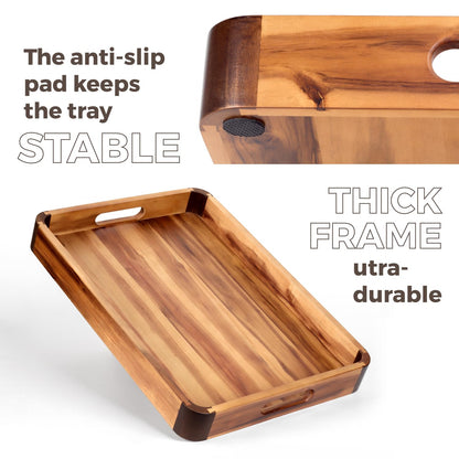 17 x 13 Inch Acacia Wood Serving Tray with Handles, Decorative Wooden Tray Featuring Dark Walnut-Tone Curved Corner Accents for Coffee Table, Ottoman & Kitchen Counter...