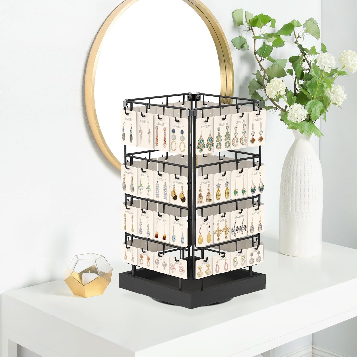 EsLuker.ly Rotating Earring Display Holder Stand for Vendors Events Selling, Large Capacity 64 Hooks Jewelry Rack with Wooden Base for Earring Card Sales, Enhances Retail Visibility