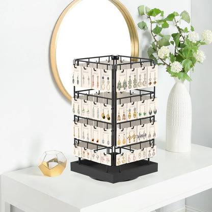 EsLuker.ly Rotating Earring Display Holder Stand for Vendors Events Selling, Large Capacity 64 Hooks Jewelry Rack with Wooden Base for Earring Card Sales, Enhances Retail Visibility