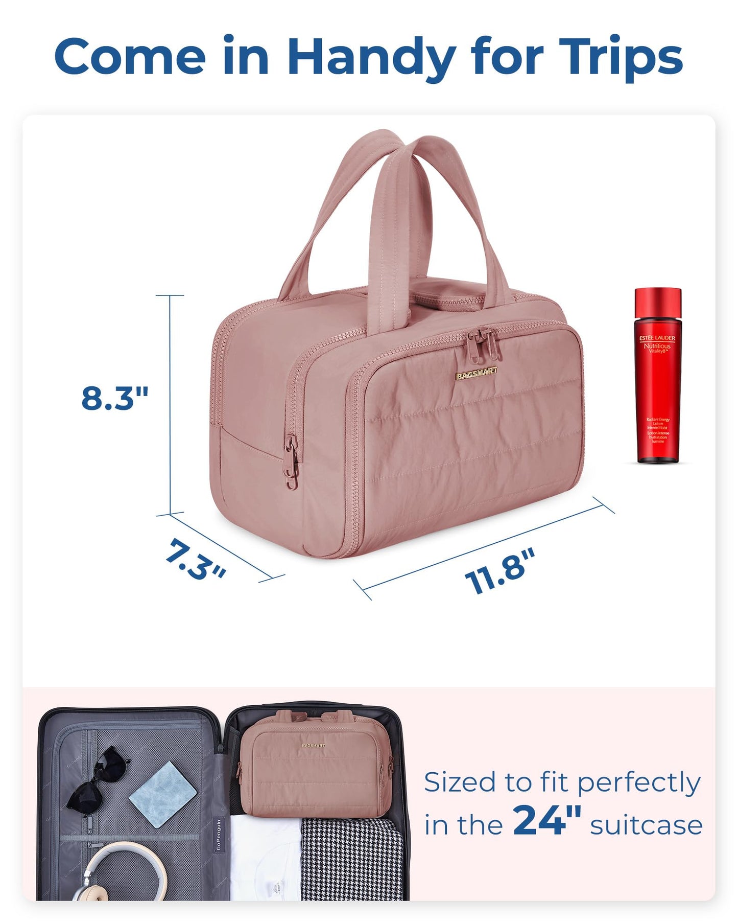 BAGSMART Travel Toiletry Bag, Lightweight Large Wide-open Travel Bag for Women, Puffy Cosmetic Makeup Bag Organizer with Handle for Accessories,Essentials, Toiletries, Dark Pink