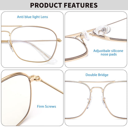 JM Aviator Computer Blue Light Blocking Glasses, Square Eye Protect Video Eyeglasses Anti Glare Men Women (Gold Frame Clear Temple Tips)