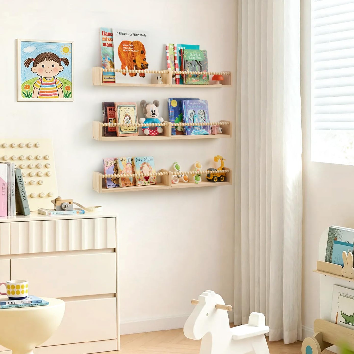HiMummy 32 Inch Floating Shelf with Wooden Bead Design - Solid Pine Wall Mounted Bookshelf, Child-Safe Nursery Storage for Kids Room Decor, Set of 3(Pre-Strung Bead Strings)