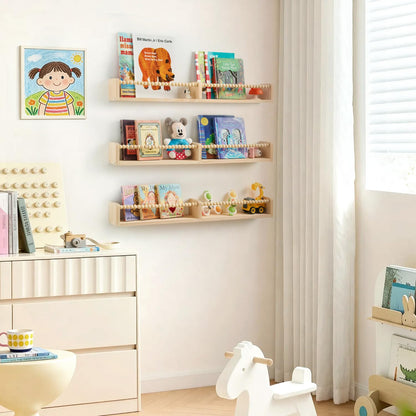 HiMummy 32 Inch Floating Shelf with Wooden Bead Design - Solid Pine Wall Mounted Bookshelf, Child-Safe Nursery Storage for Kids Room Decor, Set of 3(Pre-Strung Bead Strings)