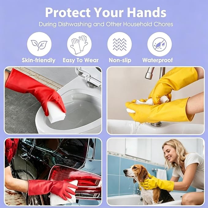 Rubber Kitchen Dishwashing Gloves - 4 Pairs Colorful Reusable Cleaning Gloves for Kitchen Washing Dishes and Household Cleaning (Medium, Yellow+Red)
