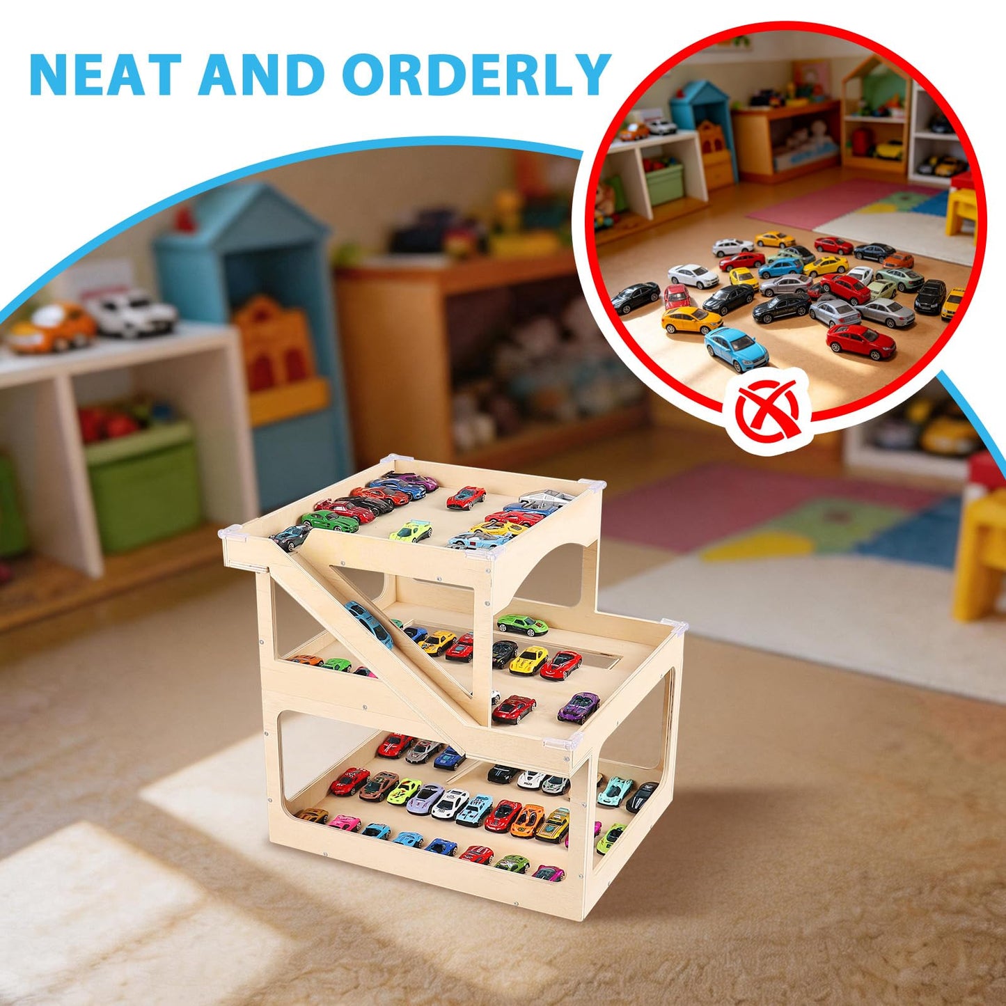 Wooden Display Case For Hot Wheels & Matchbox, 3-Level Large Capacity 1/64 Scale Matchbox Hot Wheels Toy Car Display Case Parking Garage With Ramp Diy Scale Diecast Toy Car Storage Box For 50 Toy Cars