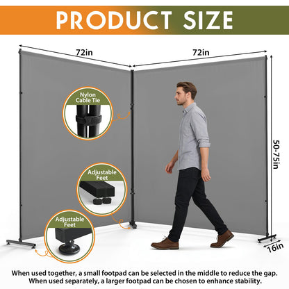 YSEJOMP Room Divider Screen 72"-140" Wide x72 High with Height-Adjustable Feet, 2 x Privacy Panels for Home, Office, or Classroom, Easy to Move and Height Adjustable (2, Gray)