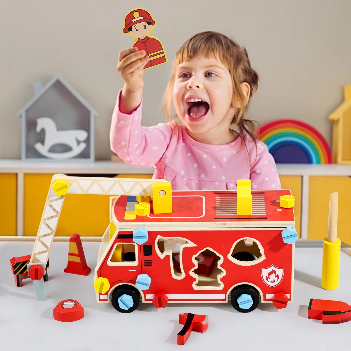 LOVELAND Wooden Fire Truck Toy – Take-Apart STEM Vehicle with Firefighter Tools & Shape Sorting, Montessori Educational Gift for Toddlers Boys Girls Ages 3+