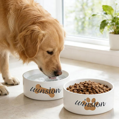 2 Pack Custom Ceramic Dog Bowl, Personalized Food & Water Dish with Photo Name, Cat and Dog Food Bowl with Wood Stand Non-Slip Matte Glaze Weighted