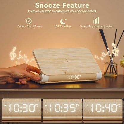 Vivilumens Alarm Clocks Bluetooth Speaker Dual Charging Wireless Bedside Lamp Night Light for Adults Teens with Book Shape Sunrise Wake Up Light for Bedroom Home Decor Gifts for Father（Wooden Grain）
