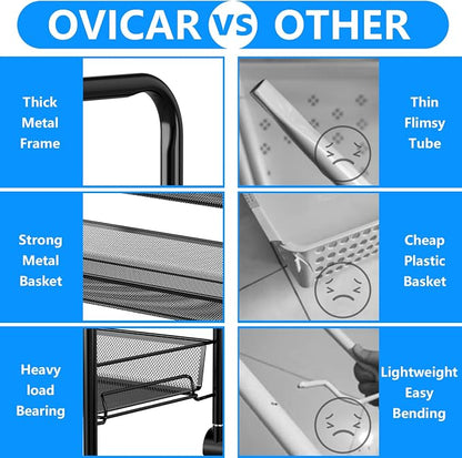 OVICAR 4 Tier Mesh Wire Rolling Cart, Kitchen Storage Organizer Utility Cart, Full Metal Basket Storage Art Trolley Carts with Wheels & 4 Side Hooks