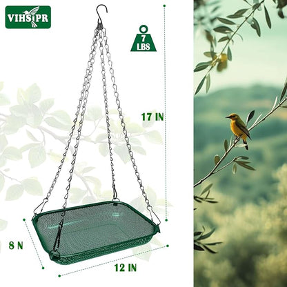 Hanging Bird Feeder for Outdoors – 12 x 8 in Rectangular Platform Bird Feeder, Metal Mesh Seed Tray for Wild Birds, Green