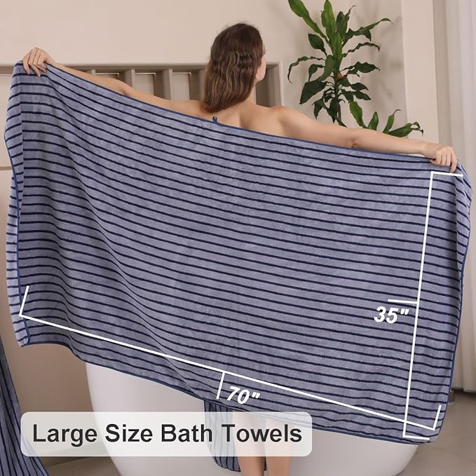 Oliven 4 Piece Navy Cabana Stripe Large Bath Towels Oversized Bath Sheet Super