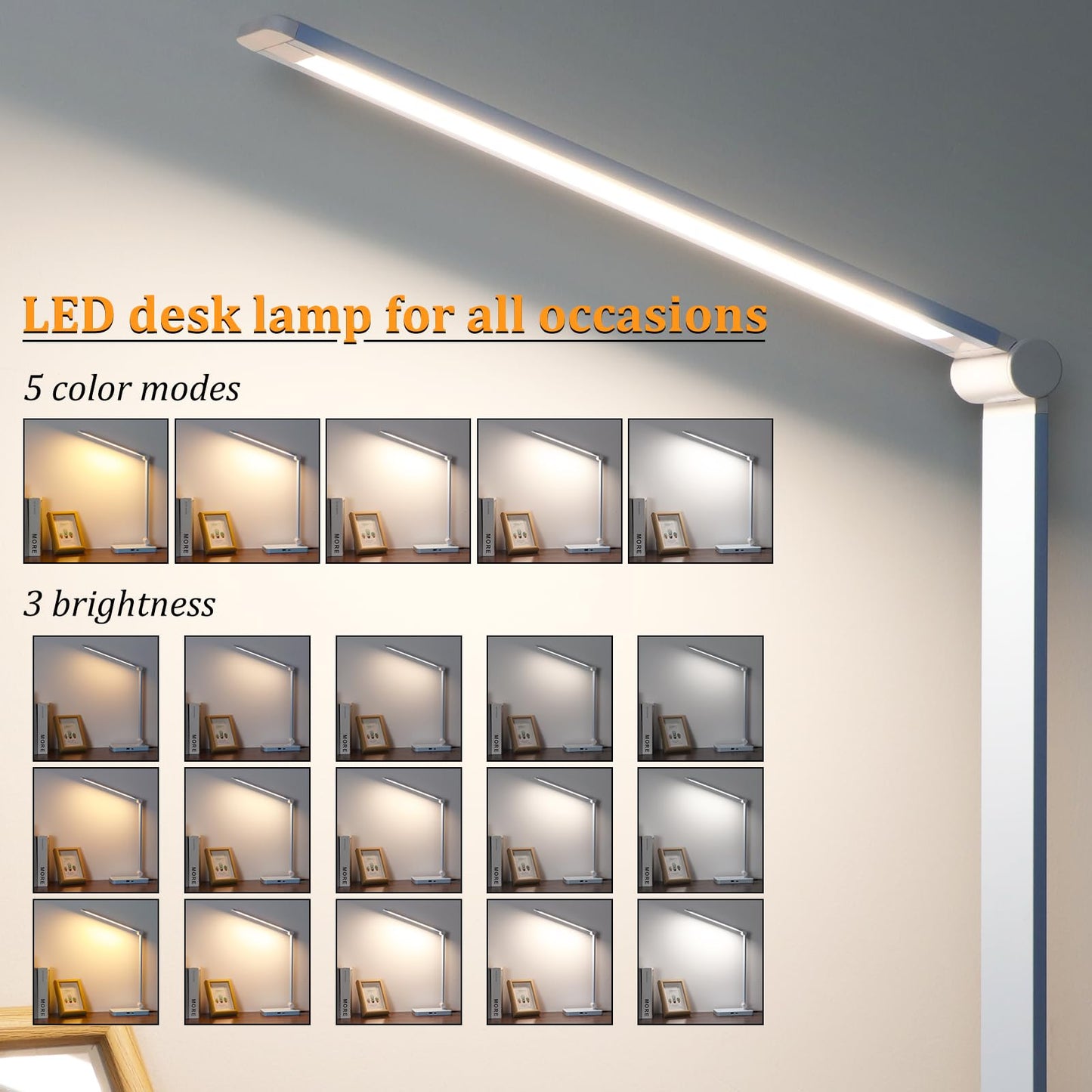 LED Desk Lamp with USB Ports,Touch Desk Lamps for Home Office with 5 Color Modes,3 Brightness Desk Light with Small Night Light,Reading Lamp Table Lamp for Bedroom Bedside Study Black （with adapter）