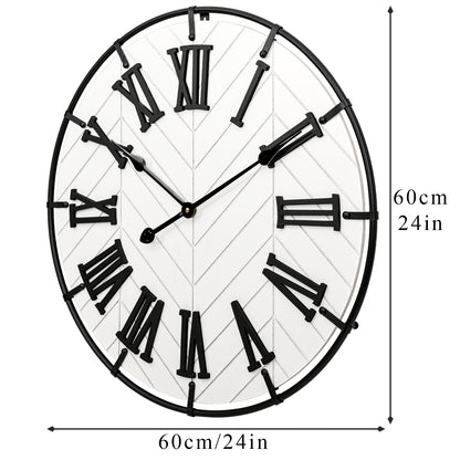 EMAX HOME 24 Inch Large Wooden Wall Clock – Extra Large Farmhouse Wall Clock with 3D Roman Numerals, Modern White Round Wood & Metal Clock for Living Room, Silent & Accurate Timekeeping