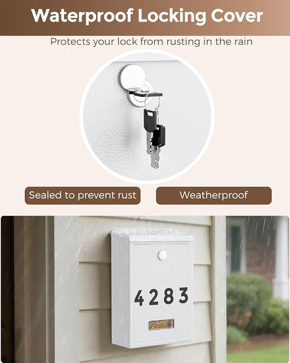 LAND·VOI Locking Wall-Mount Mailbox for Outside, with 4 Keys, Galvanized Steel Rustproof Metal Postbox, 3.1" Dx7.5 Wx10.8 H, Includes 3 Sets of Mailbox Numbers, Nameplate,White