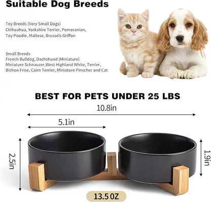 Mowtanco Black Ceramic Dog & Cat Bowl Set – 13.5 OZ with Wooden Stand, Non-Slip, Elevated Design for Small Dogs & Cats – 2 Bowls (Food & Water, Ceramic Pet Bowls, Modern Dog Bowls)
