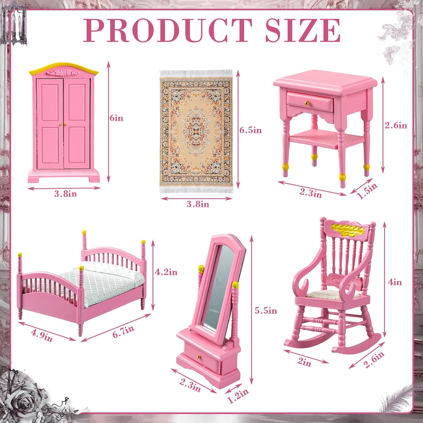 Skylety 7 Pcs Wooden Dollhouse Furniture Set 1: 12 Scale Victorian Dollhouse Bedroom Furniture, Bed Dressing Table Wardrobe Carpet for Adults Toys Miniature Doll House Accessories(Pink,Bright)