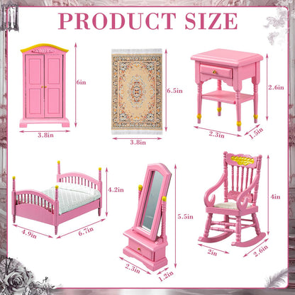 Skylety 7 Pcs Wooden Dollhouse Furniture Set 1: 12 Scale Victorian Dollhouse Bedroom Furniture, Bed Dressing Table Wardrobe Carpet for Adults Toys Miniature Doll House Accessories(Pink,Bright)