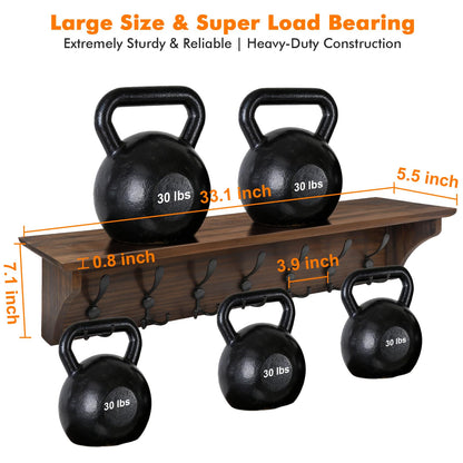 33" Coat Rack with Shelf Wall Mount, Pre-Assembled Solid Wood Coat Hooks with Shelf, Wall Coat Hanger with 7 Metal Triple-Hooks for Hanging Hat,Key,Clothes,Towel, for Entryway,Bedroom,Bathroom,Charred